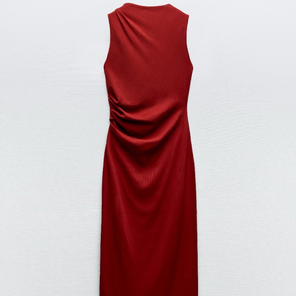 Zara (NWOT) Sleeveless Ribbed Ruched Red Dress • Size XL (runs small)